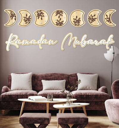 Ramadan + Eid Mubarak layered words with moon cycle